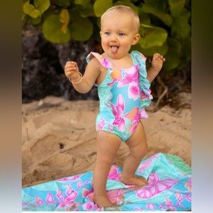 NEW! Kenny Flowers Kiddy Flowers Maui Ruffle One Piece Pink Blue Girls 3-6 M